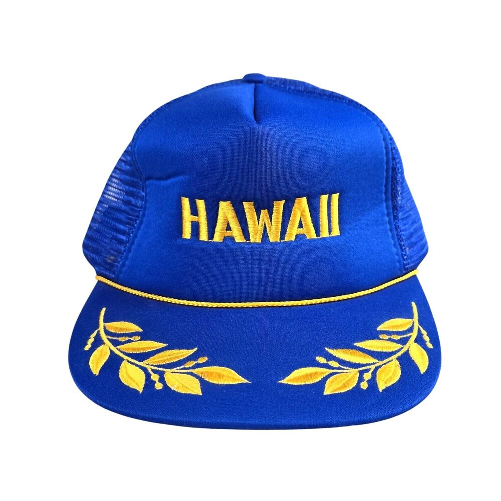 Hawaiian Headwear Vintage Hawaii Hat Cap Snap Back Blue‎ Mesh Trucker Gold Leaf